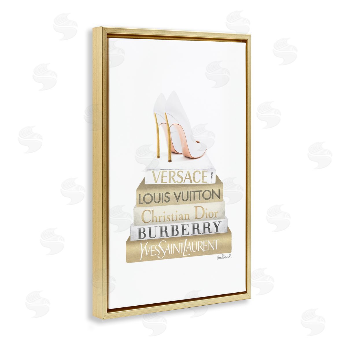 Amanda Greenwood Gold & White Book Stack Gold Floating Frame Canvas Wall Art Print