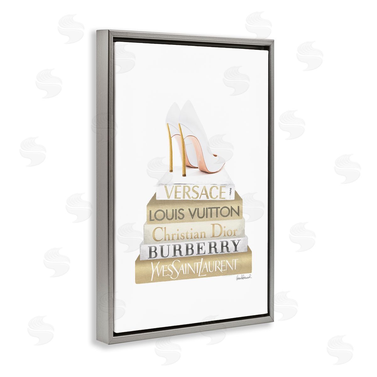 Amanda Greenwood Gold & White Book Stack Gray Floating Frame Canvas Wall Art Print