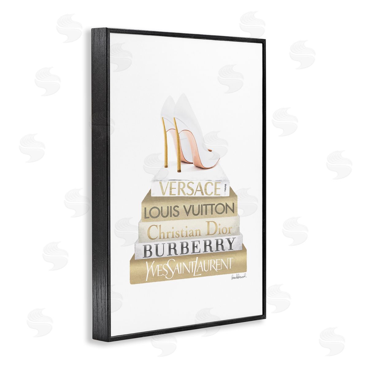 Amanda Greenwood Gold & White Book Stack Black Framed Giclee Wall Art Print