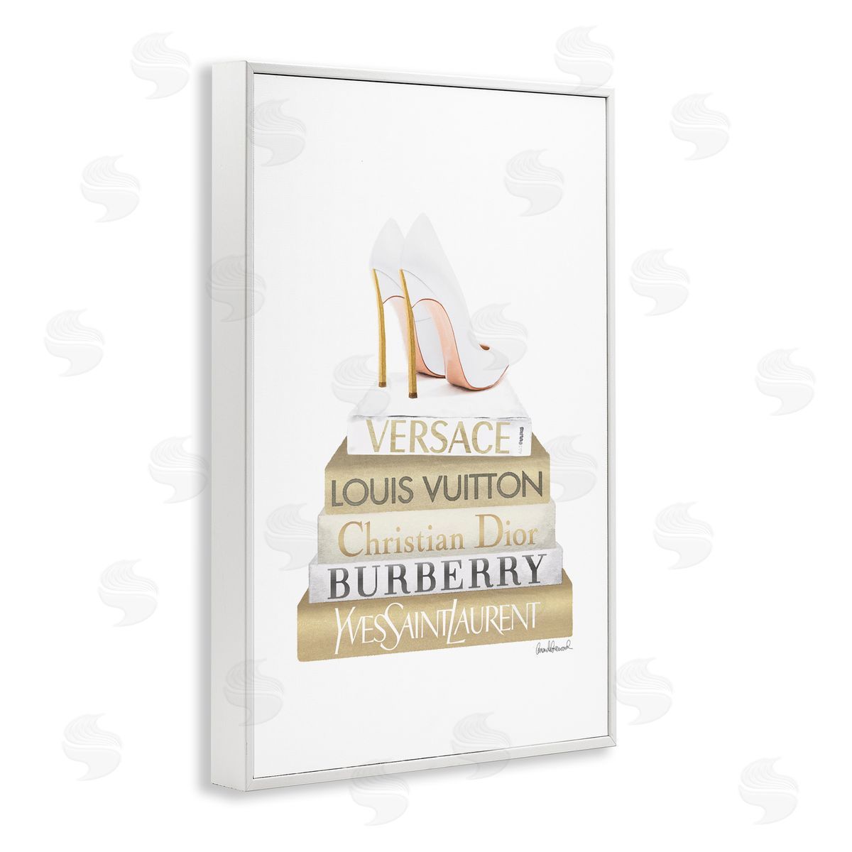 Amanda Greenwood Gold & White Book Stack White Framed Giclee Wall Art Print