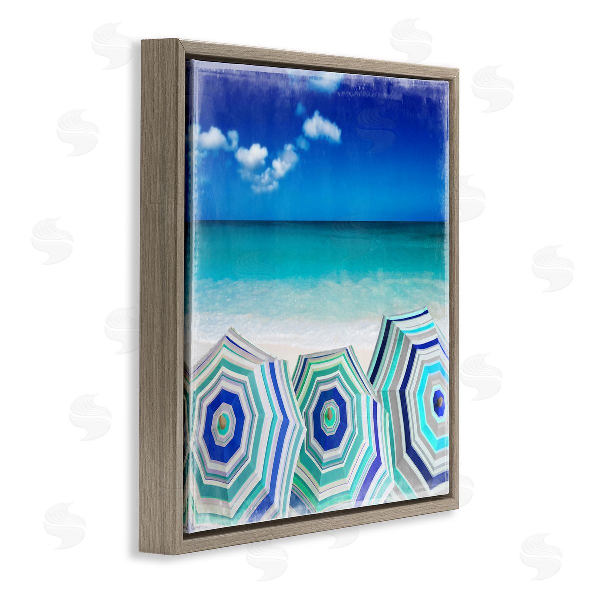 Charlie Carter Three Beach Umbrellas View Brown Floating Frame Canvas Wall Art Print