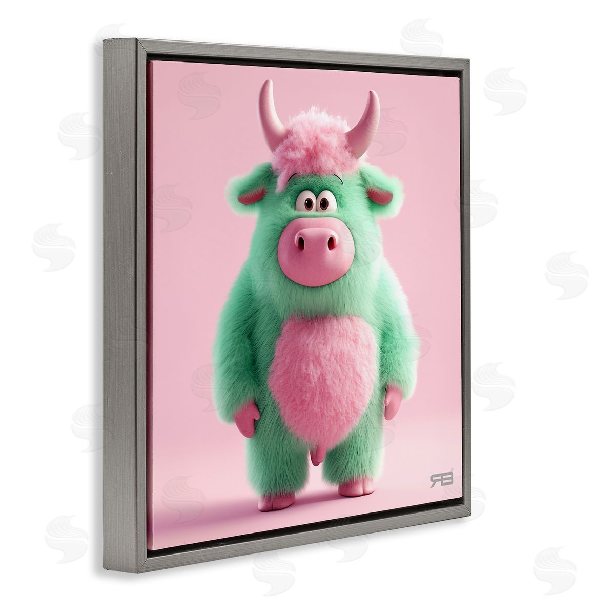 RB Silly Green Cow Gray Floating Frame Canvas Wall Art Print
