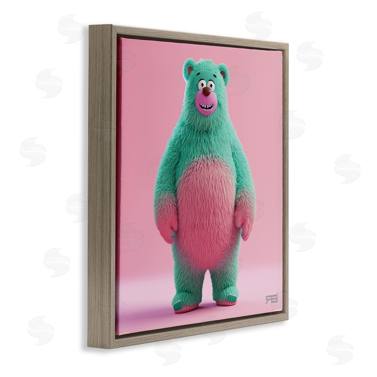 RB Smiling Green Bear Brown Floating Frame Canvas Wall Art Print