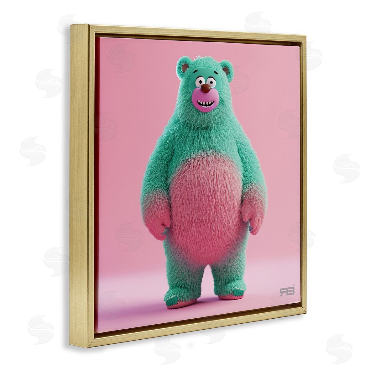 RB Smiling Green Bear Gold Floating Frame Canvas Wall Art Print