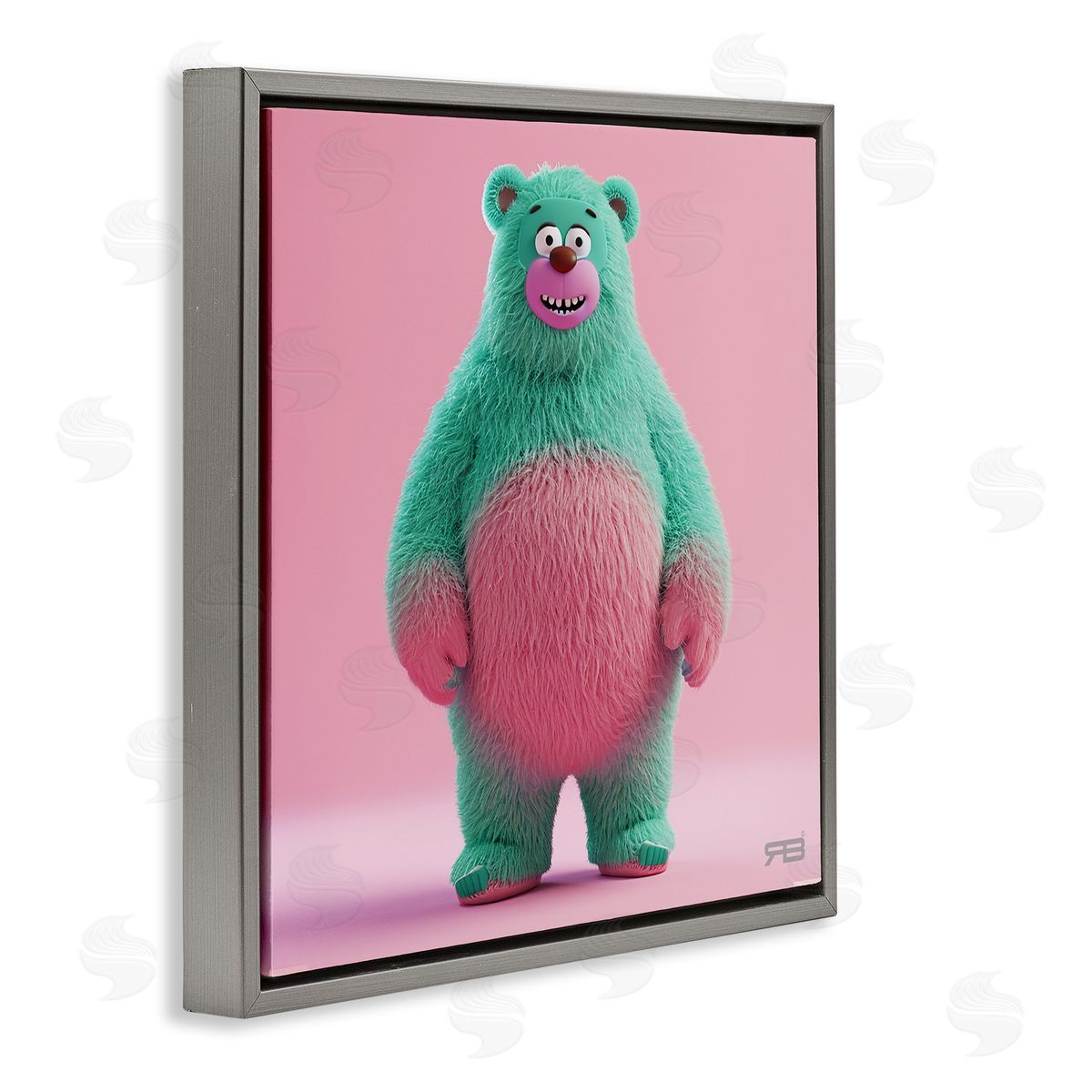 RB Smiling Green Bear Gray Floating Frame Canvas Wall Art Print
