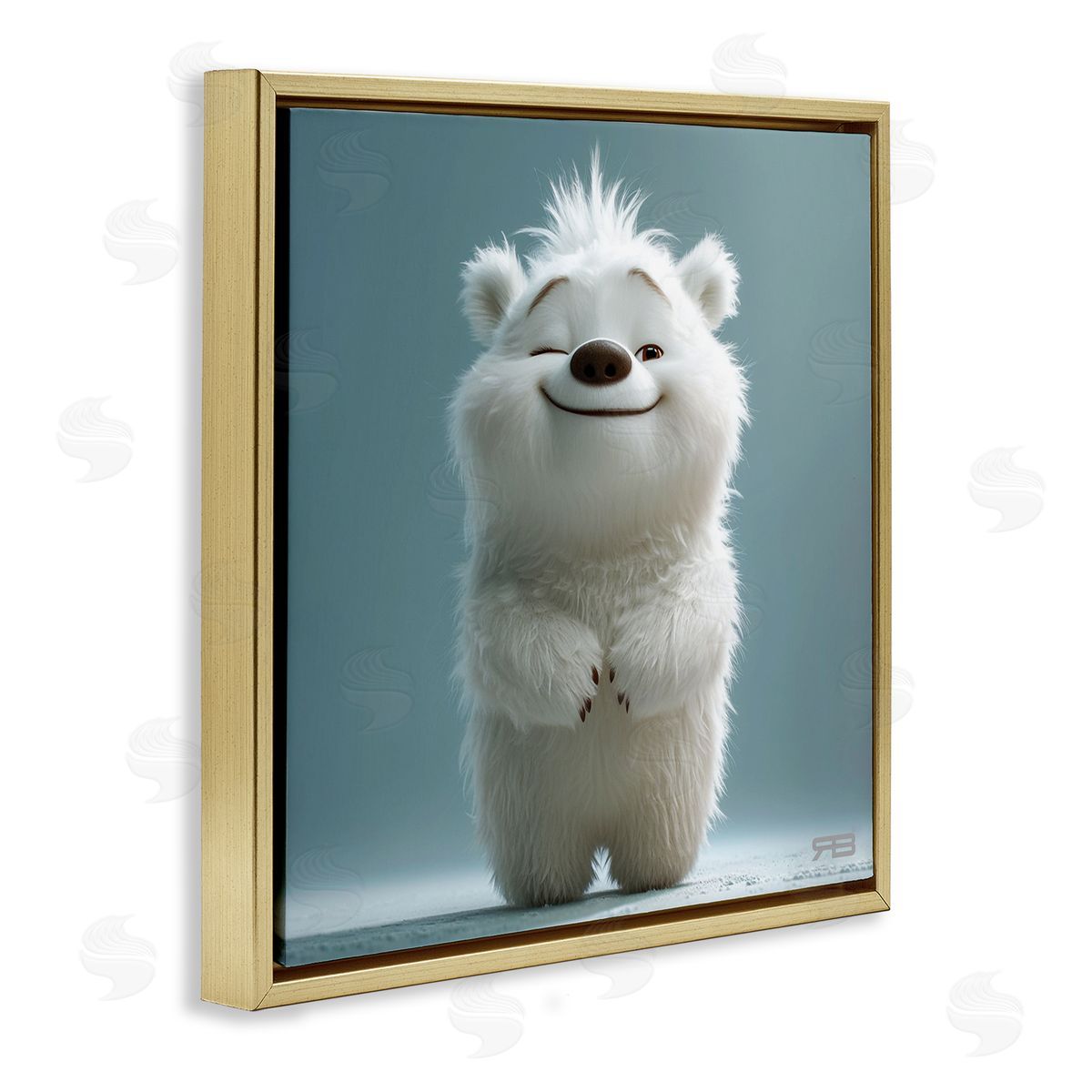 RB Smiling Polar Bear Cub Gold Floating Frame Canvas Wall Art Print