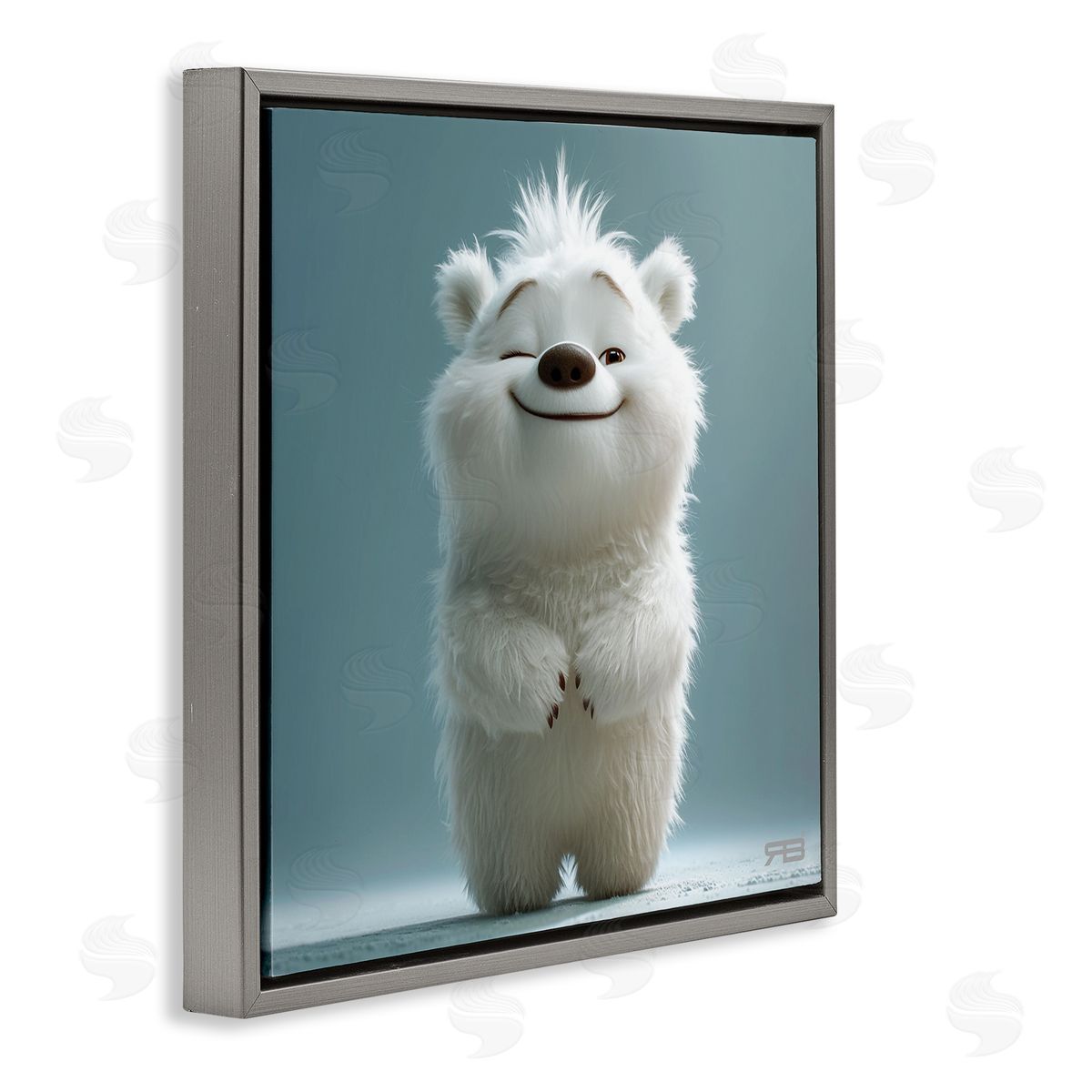 RB Smiling Polar Bear Cub Gray Floating Frame Canvas Wall Art Print