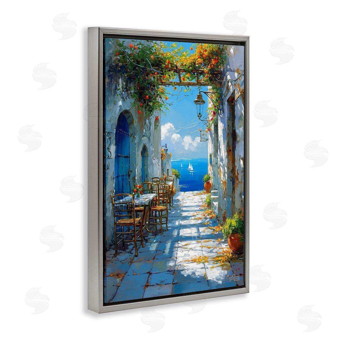 RB Quaint Alley by Sea Gray Floating Frame Canvas Wall Art Print