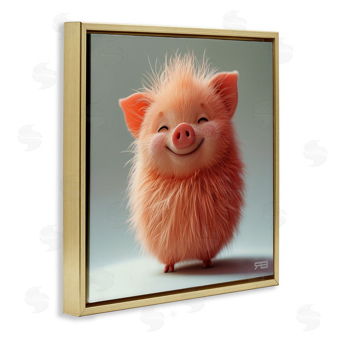 RB Smiling Fluffy Piglet Gold Floating Frame Canvas Wall Art Print