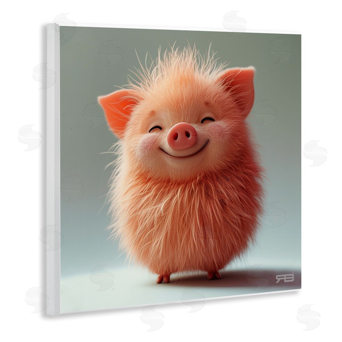 RB Smiling Fluffy Piglet Wooden Wall Plaque Art Print