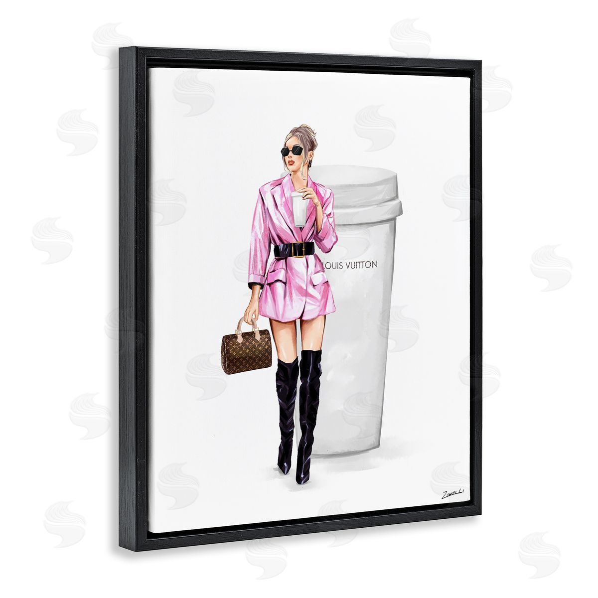 Ziwei Li Woman in Pink with Coffee Black Floating Frame Canvas Wall Art Print