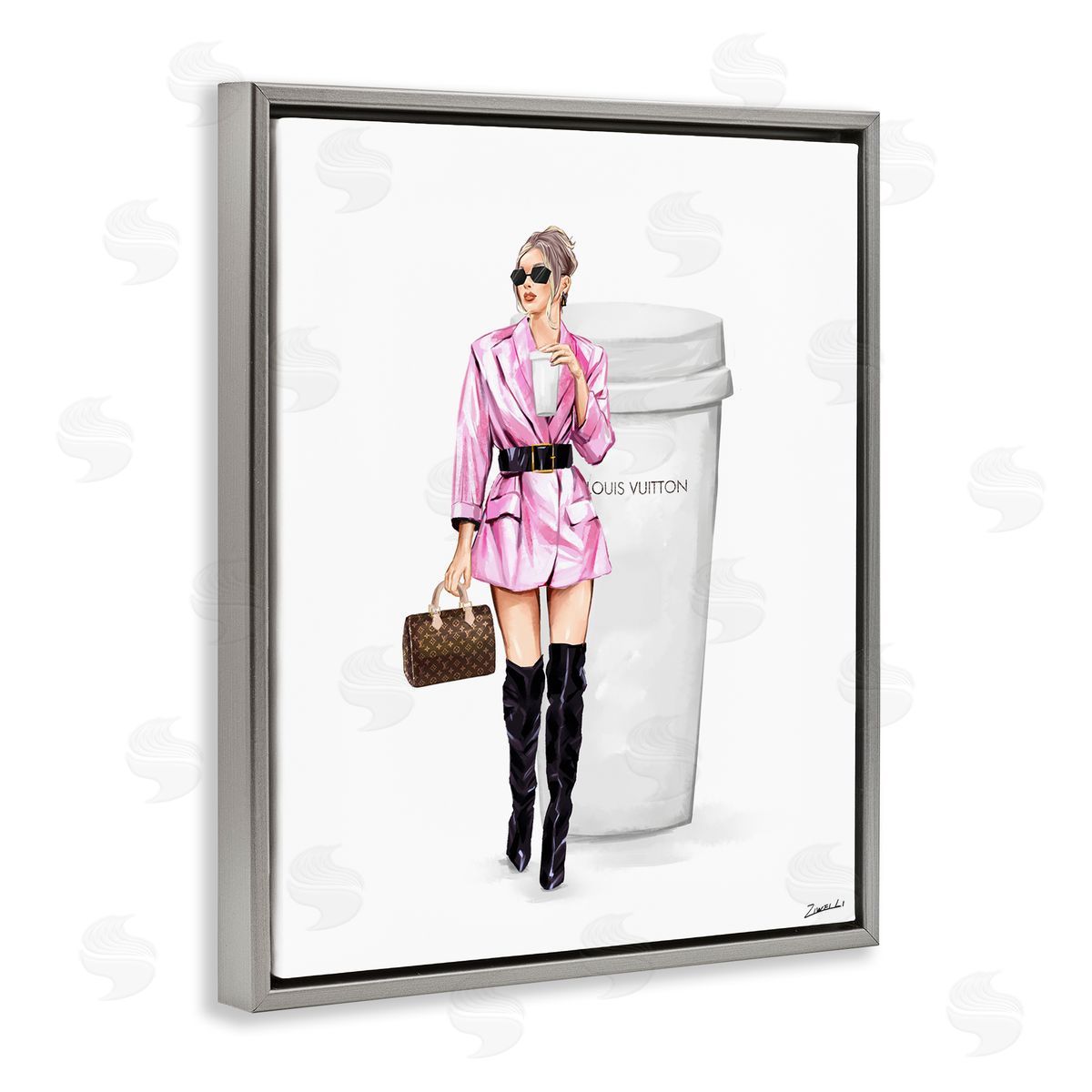 Ziwei Li Woman in Pink with Coffee Gray Floating Frame Canvas Wall Art Print