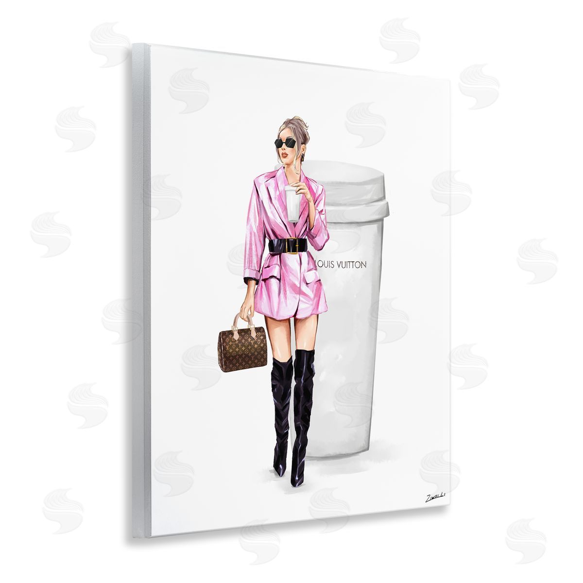 Ziwei Li Woman in Pink with Coffee Wooden Wall Plaque Art Print