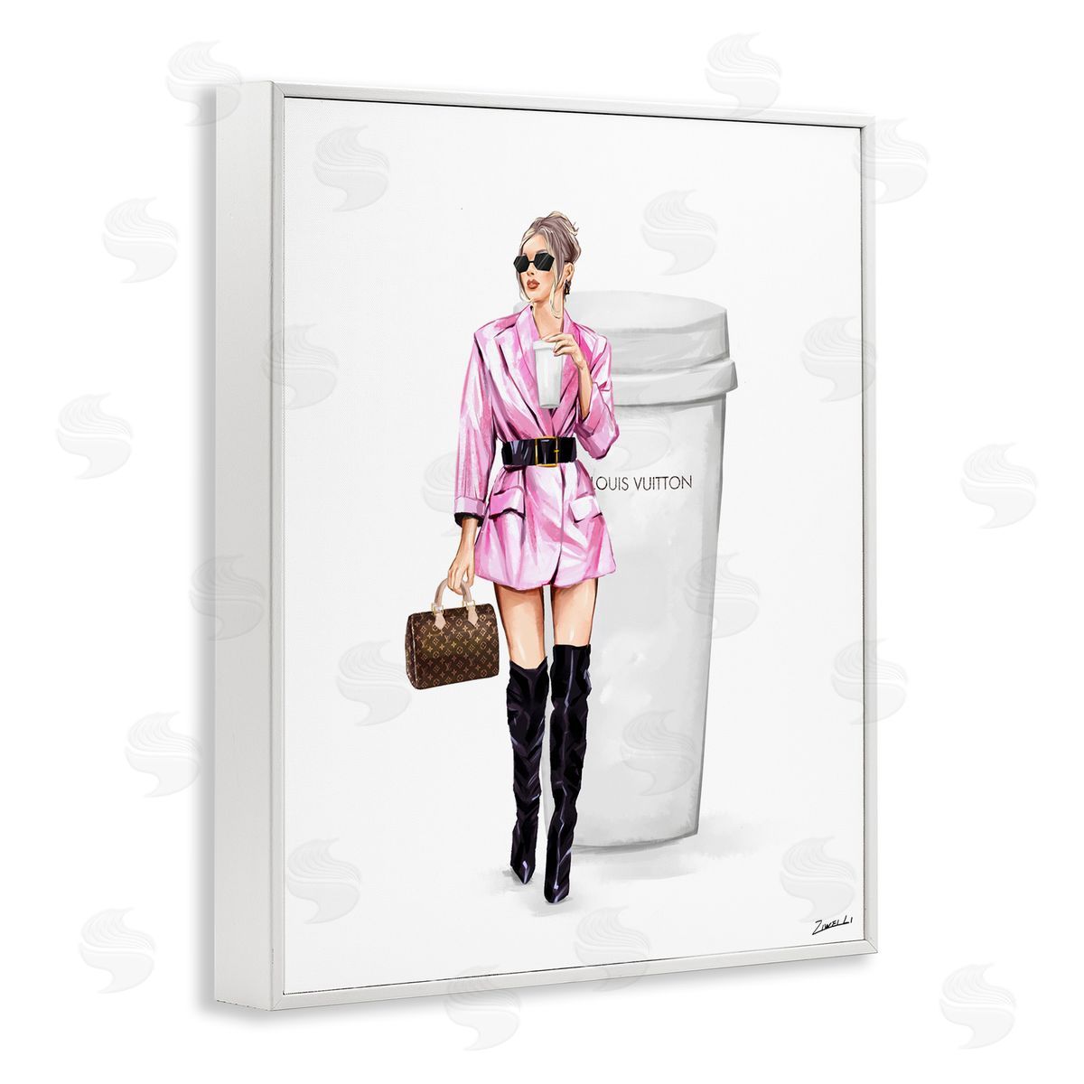 Ziwei Li Woman in Pink with Coffee White Framed Giclee Wall Art Print