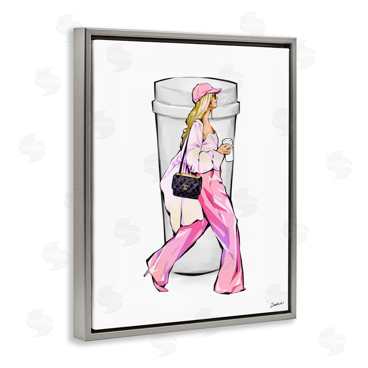 Ziwei Li Morning Coffee Fashionista Gray Floating Frame Canvas Wall Art Print