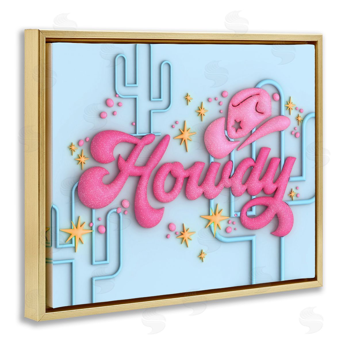 Ziwei Li Retro Howdy & Cactus Gold Floating Frame Canvas Wall Art Print