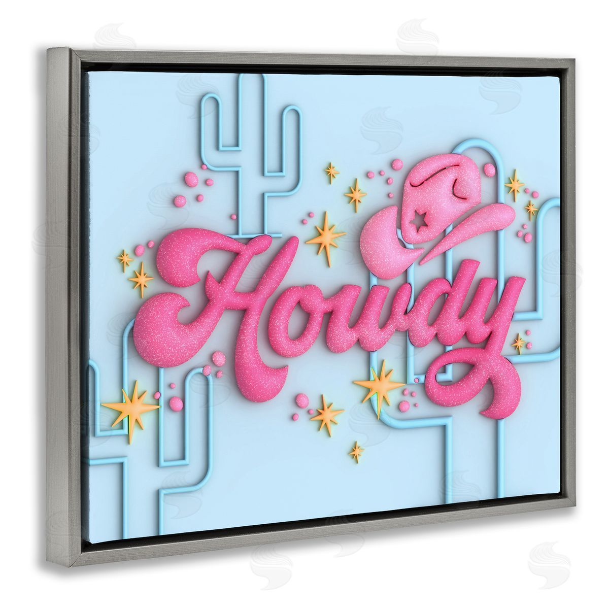 Ziwei Li Retro Howdy & Cactus Gray Floating Frame Canvas Wall Art Print
