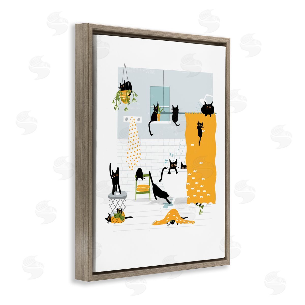 Leeza Hernandez Black Cats Bath Time Brown Floating Frame Canvas Wall Art Print