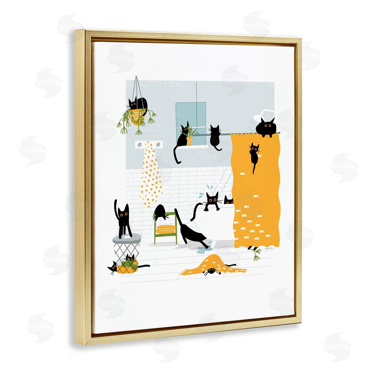 Leeza Hernandez Black Cats Bath Time Gold Floating Frame Canvas Wall Art Print