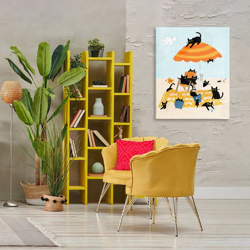 Leeza Hernandez Black Cat Beach Day Canvas Wall Art Print in Room