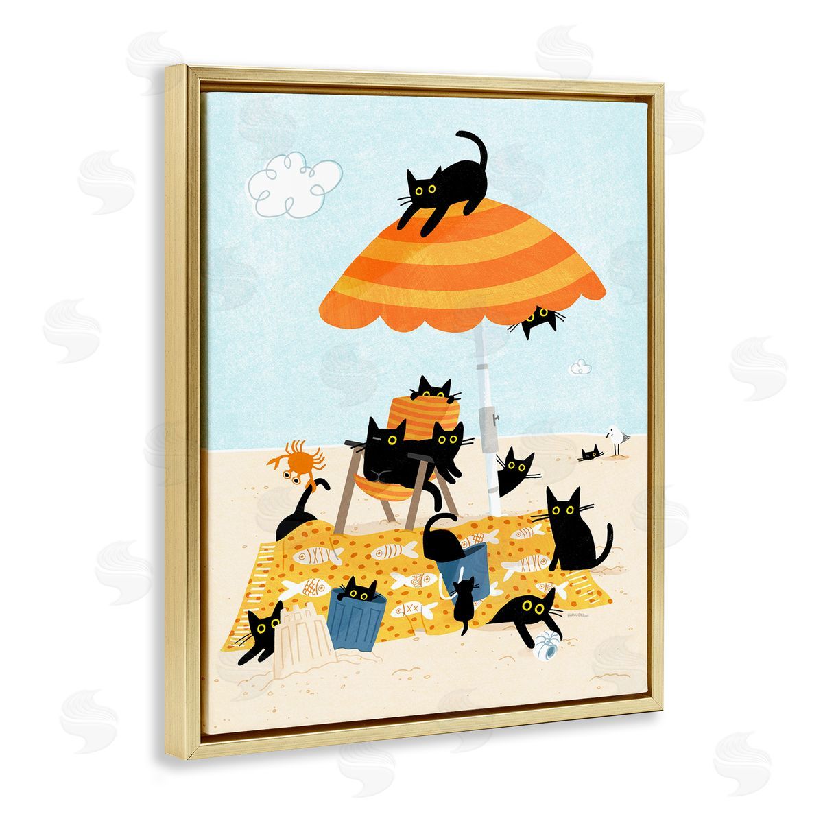 Leeza Hernandez Black Cat Beach Day Gold Floating Frame Canvas Wall Art Print