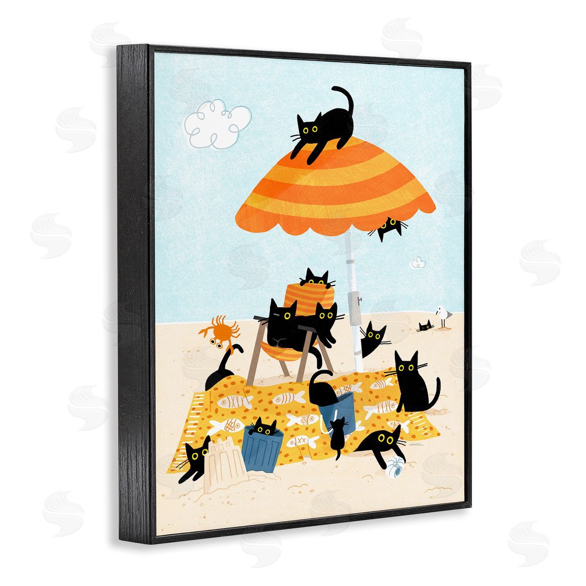 Leeza Hernandez Black Cat Beach Day Black Framed Giclee Wall Art Print