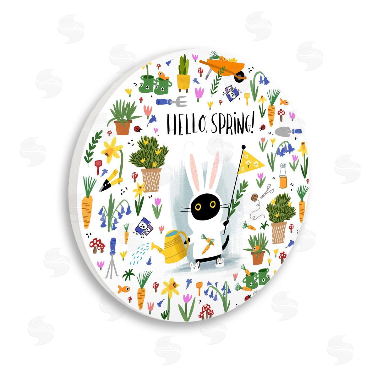Leeza Hernandez Hello Spring Black Cat Wooden Wall Plaque Art Print