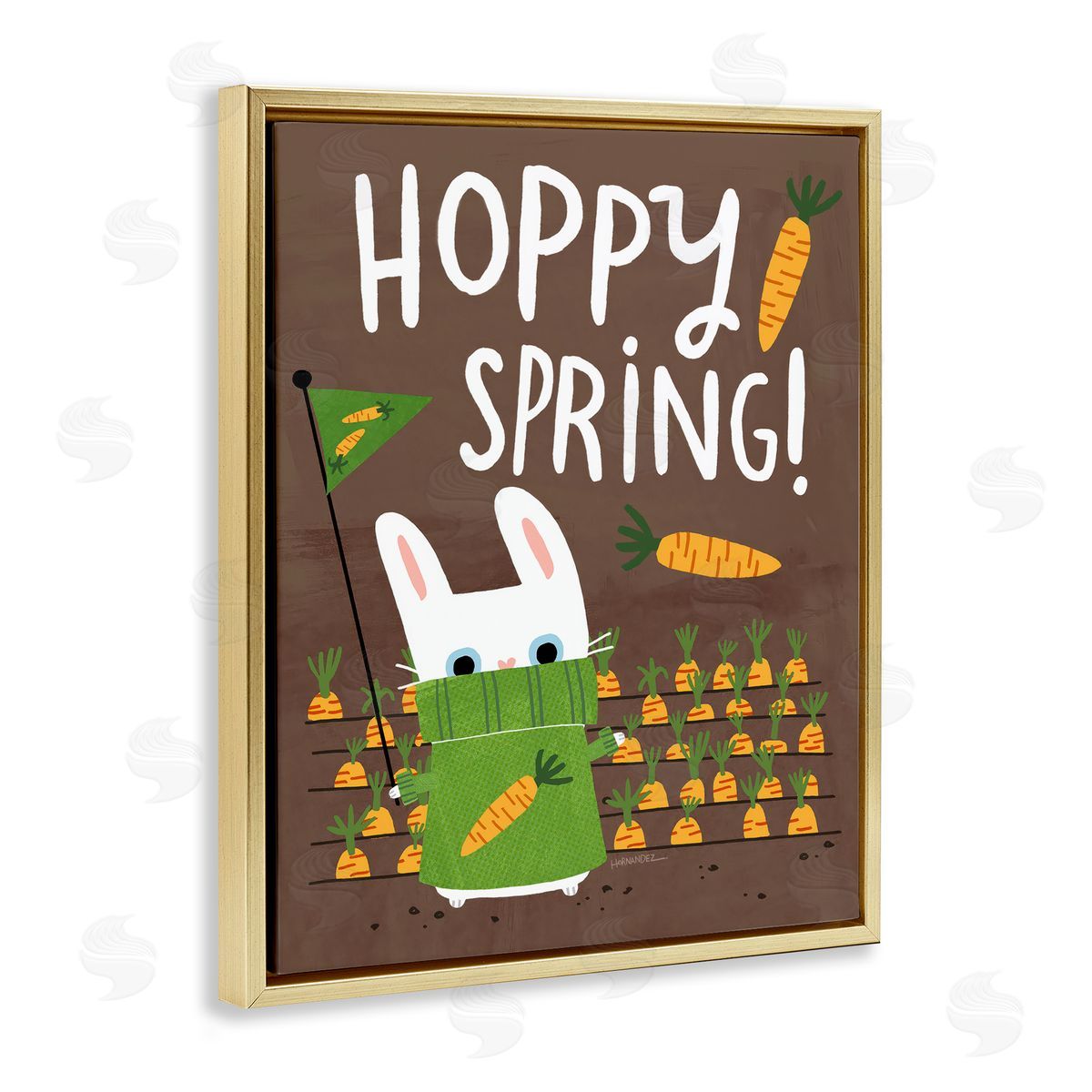 Leeza Hernandez Happy Spring Bunny & Carrots Gold Floating Frame Canvas Wall Art Print