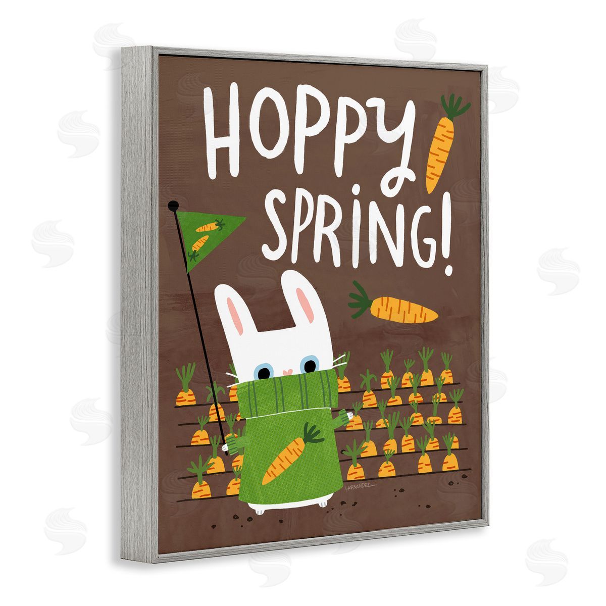 Leeza Hernandez Happy Spring Bunny & Carrots Gray Framed Giclee Wall Art Print