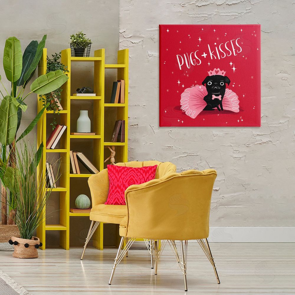 Leeza Hernandez Pugs & Kisses on Red Canvas Wall Art Print in Room