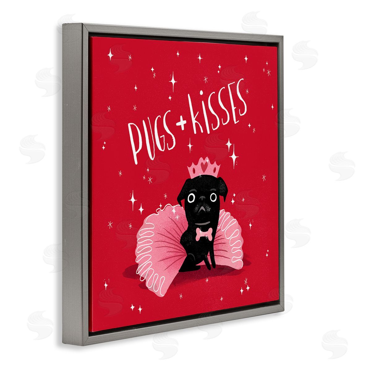 Leeza Hernandez Pugs & Kisses on Red Gray Floating Frame Canvas Wall Art Print