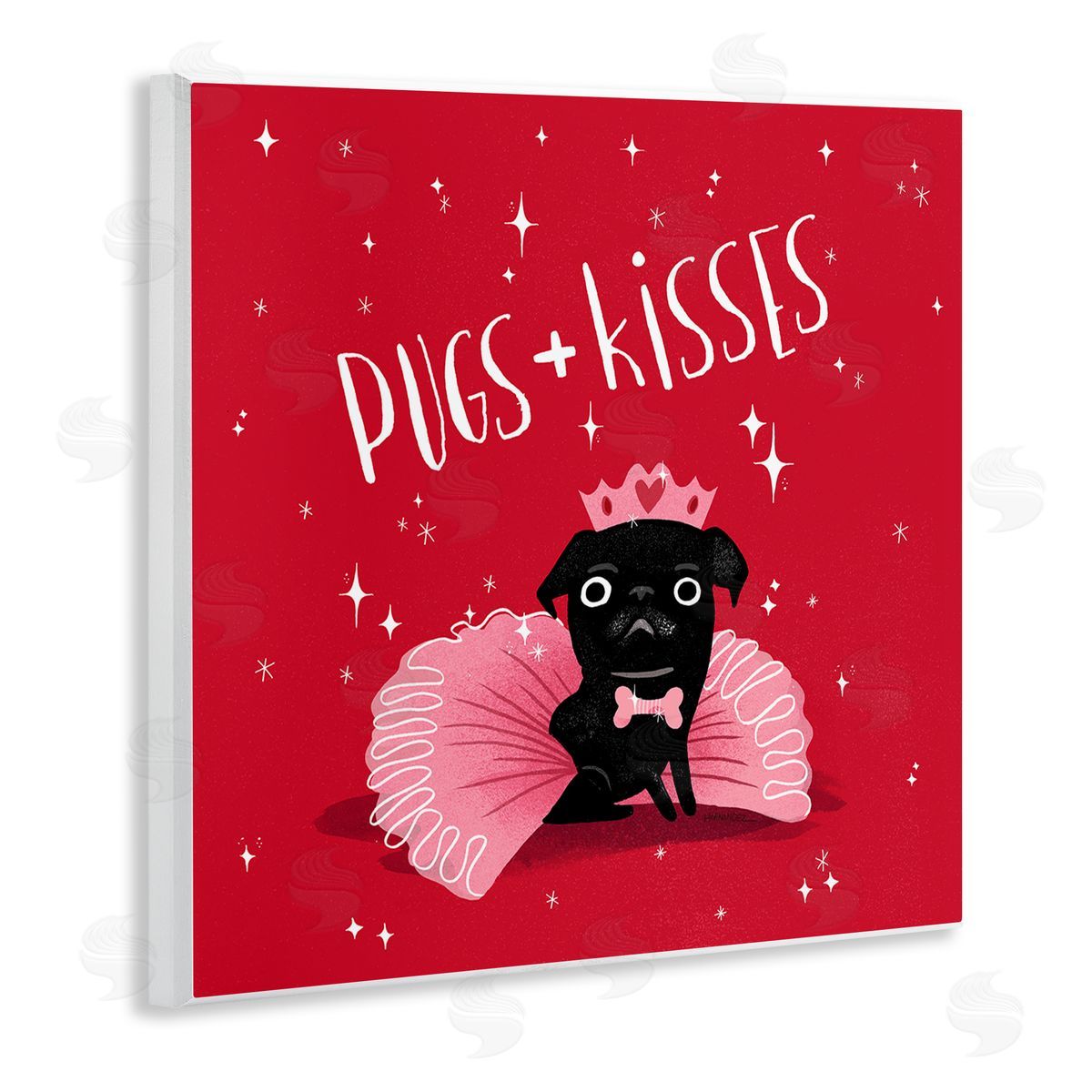 Leeza Hernandez Pugs & Kisses on Red Wooden Wall Plaque Art Print
