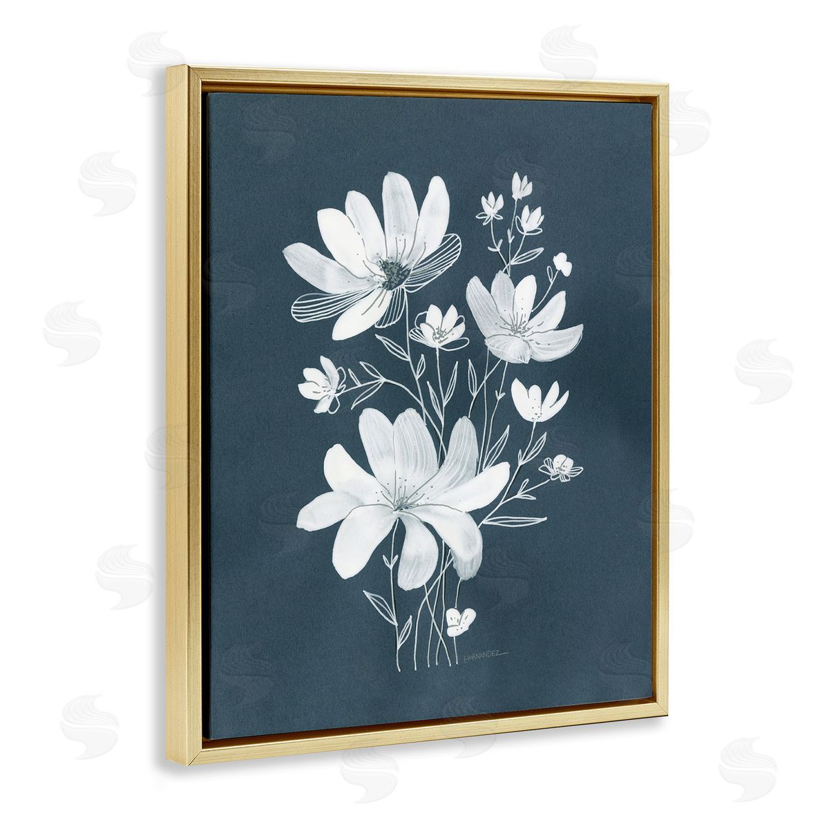 Leeza Hernandez White Floral with Outline Gold Floating Frame Canvas Wall Art Print