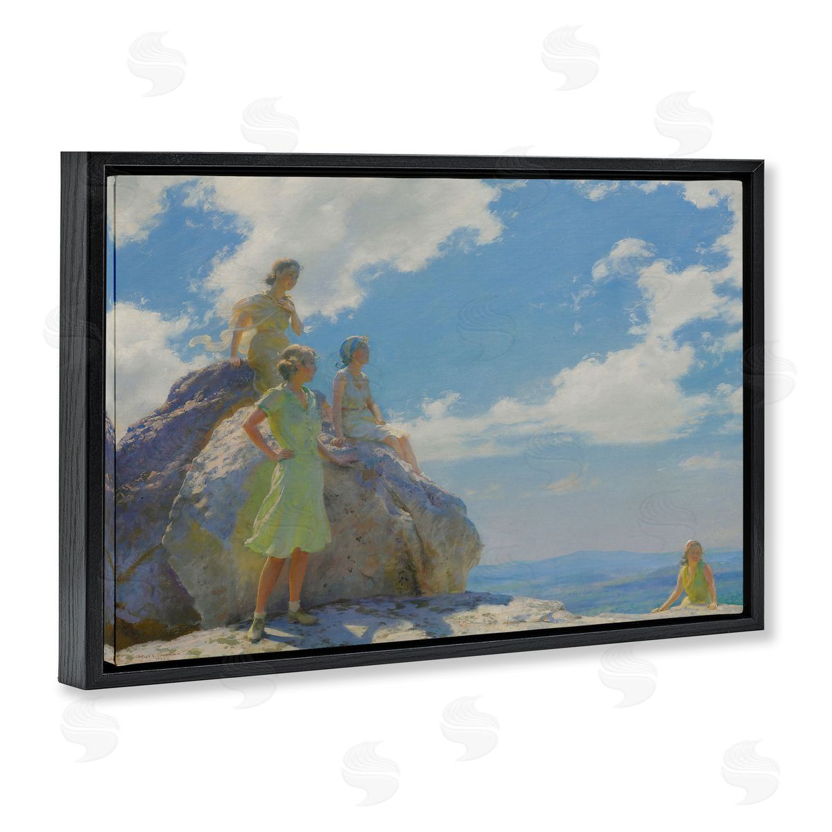 one1000paintings Classical Family by Rocks Black Floating Frame Canvas Wall Art Print