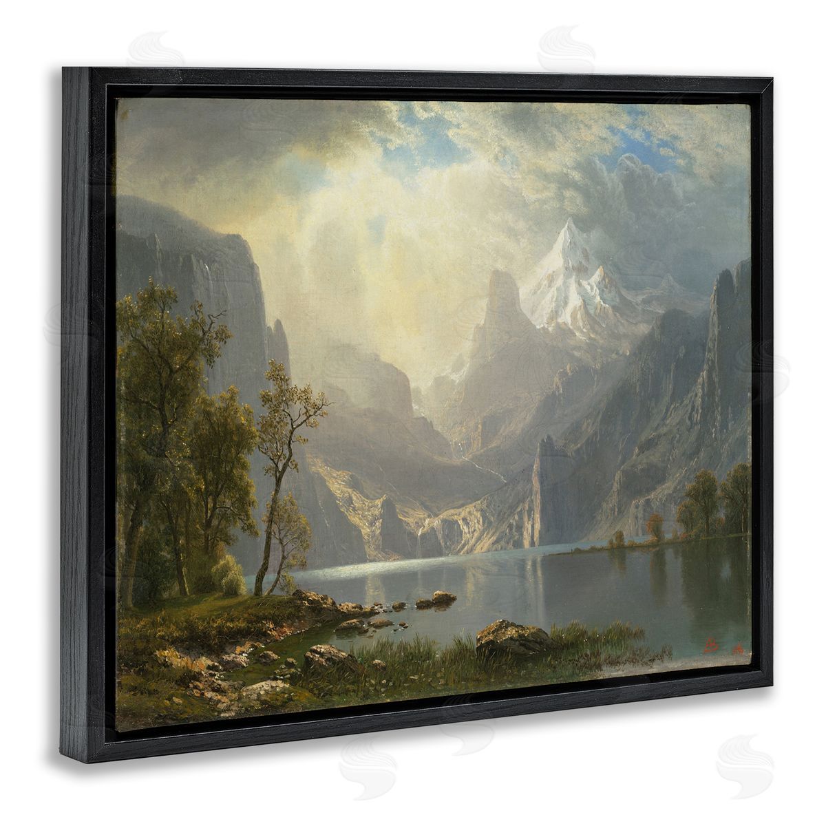 one1000paintings Classic Bierstadt View on Mountain Black Floating Frame Canvas Wall Art Print