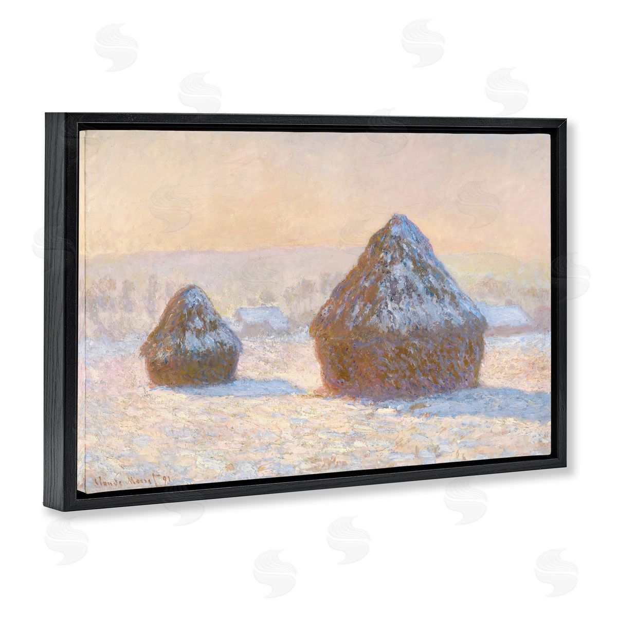 one1000paintings Classic Monet Wheatstacks Black Floating Frame Canvas Wall Art Print