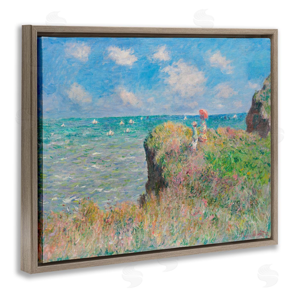 one1000paintings Classic Monet Cliff Walk Brown Floating Frame Canvas Wall Art Print