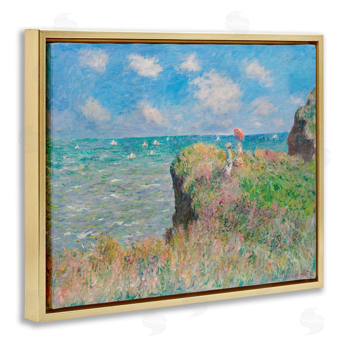 one1000paintings Classic Monet Cliff Walk Gold Floating Frame Canvas Wall Art Print