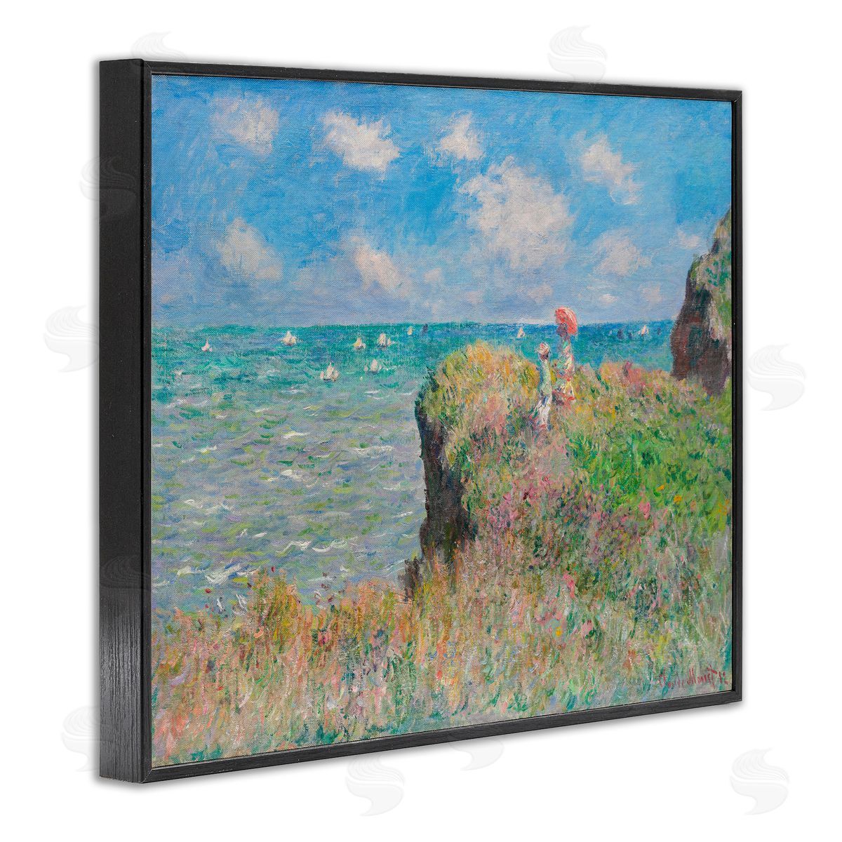 one1000paintings Classic Monet Cliff Walk Black Framed Giclee Wall Art Print