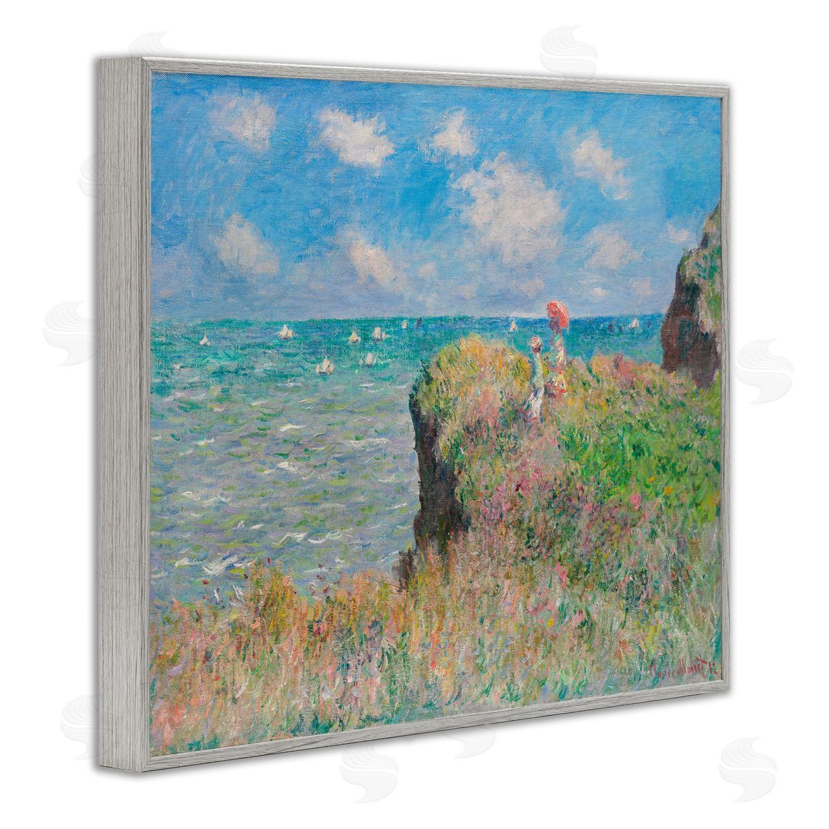 one1000paintings Classic Monet Cliff Walk Gray Framed Giclee Wall Art Print