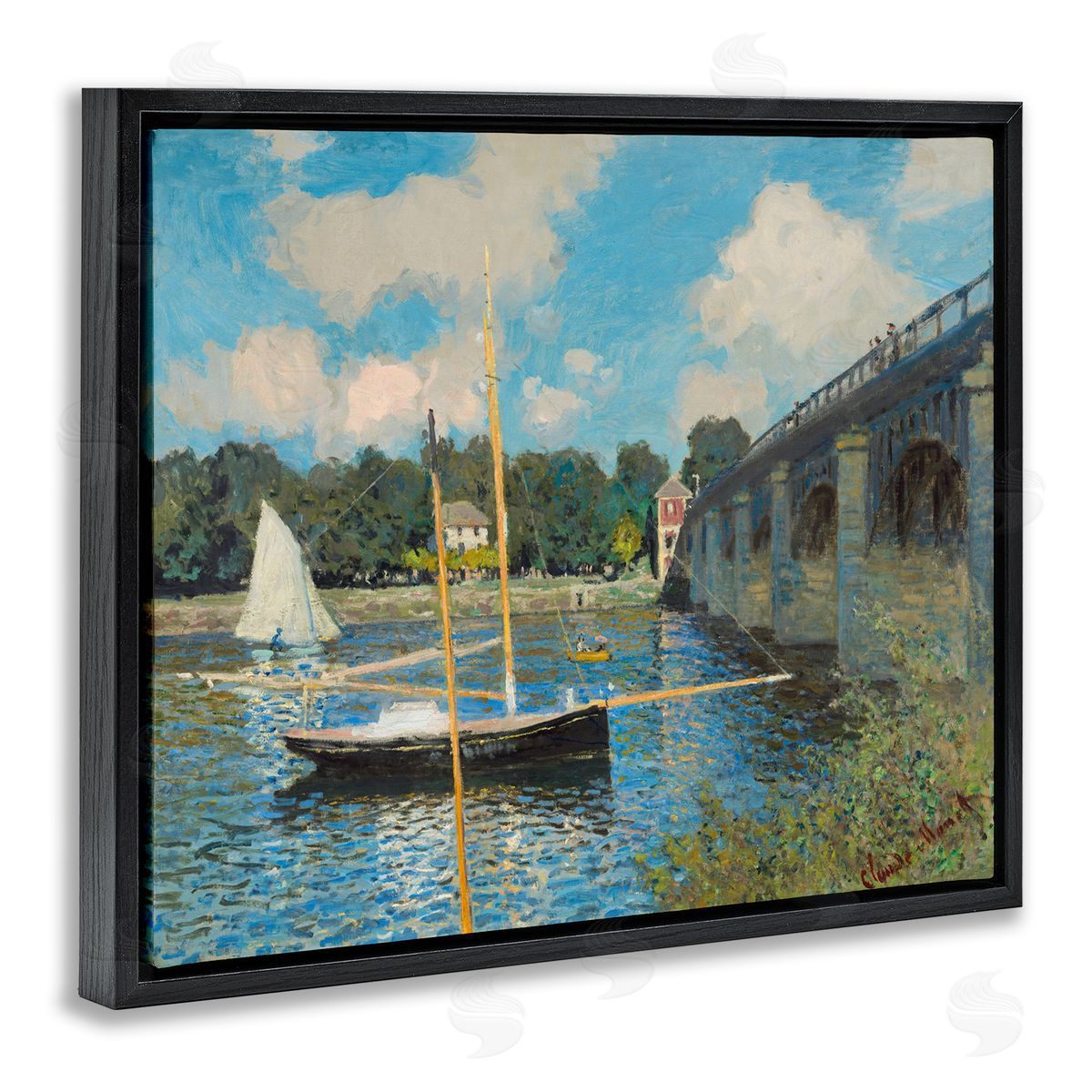 one1000paintings Classic River with Boats Sailing Black Floating Frame Canvas Wall Art Print