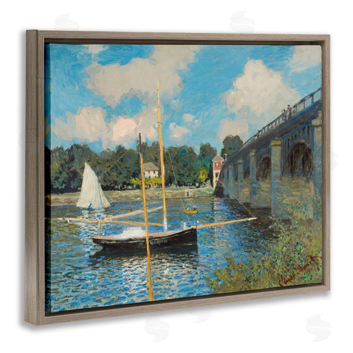 one1000paintings Classic River with Boats Sailing Brown Floating Frame Canvas Wall Art Print