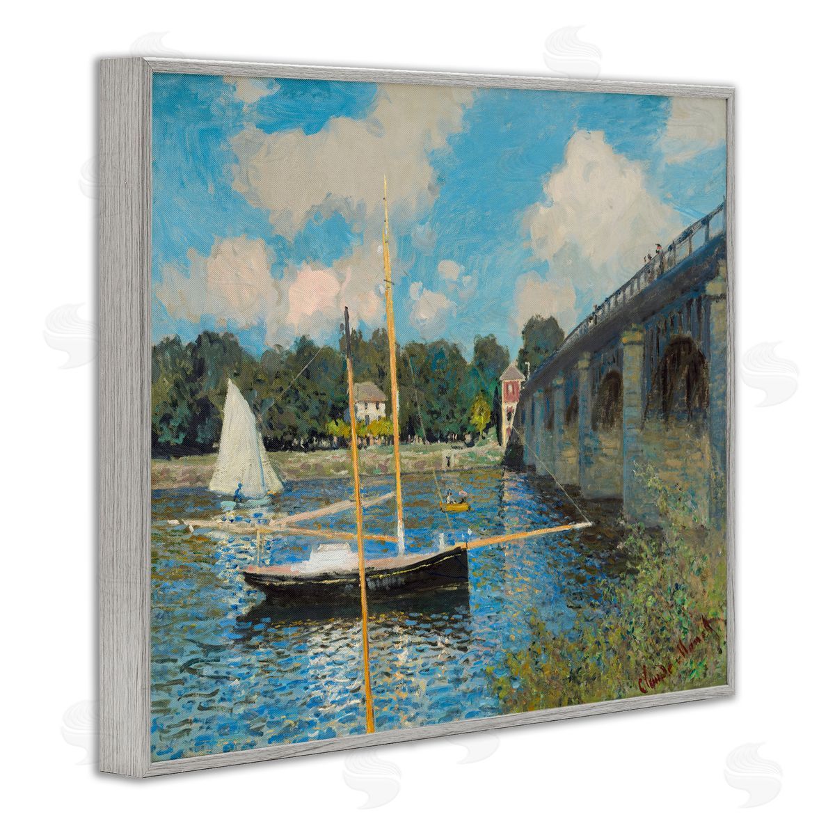 one1000paintings Classic River with Boats Sailing Gray Framed Giclee Wall Art Print
