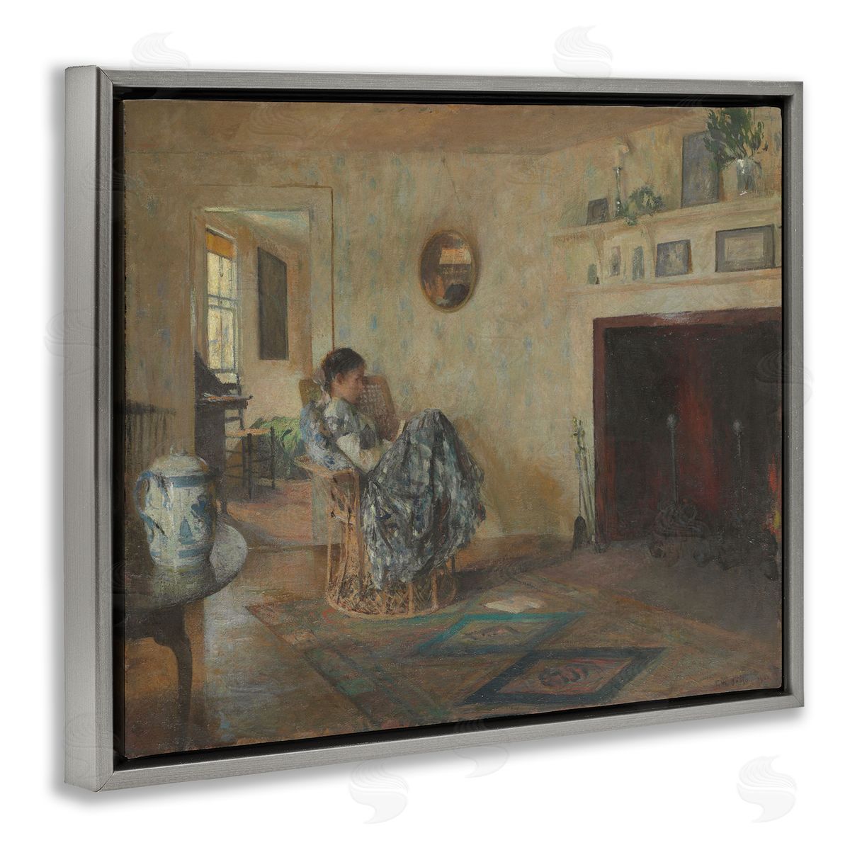 one1000paintings Classical Rainy Day Girl Gray Floating Frame Canvas Wall Art Print