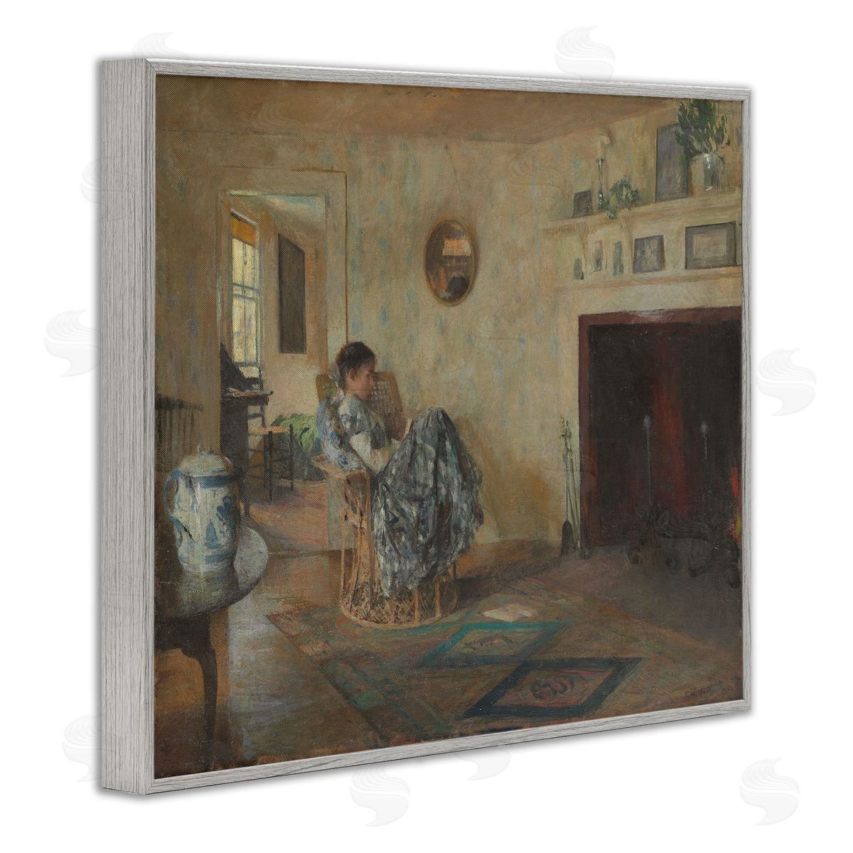 one1000paintings Classical Rainy Day Girl Gray Framed Giclee Wall Art Print