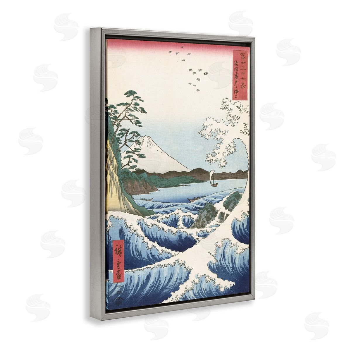one1000paintings Classical Japanese Wave Gray Floating Frame Canvas Wall Art Print