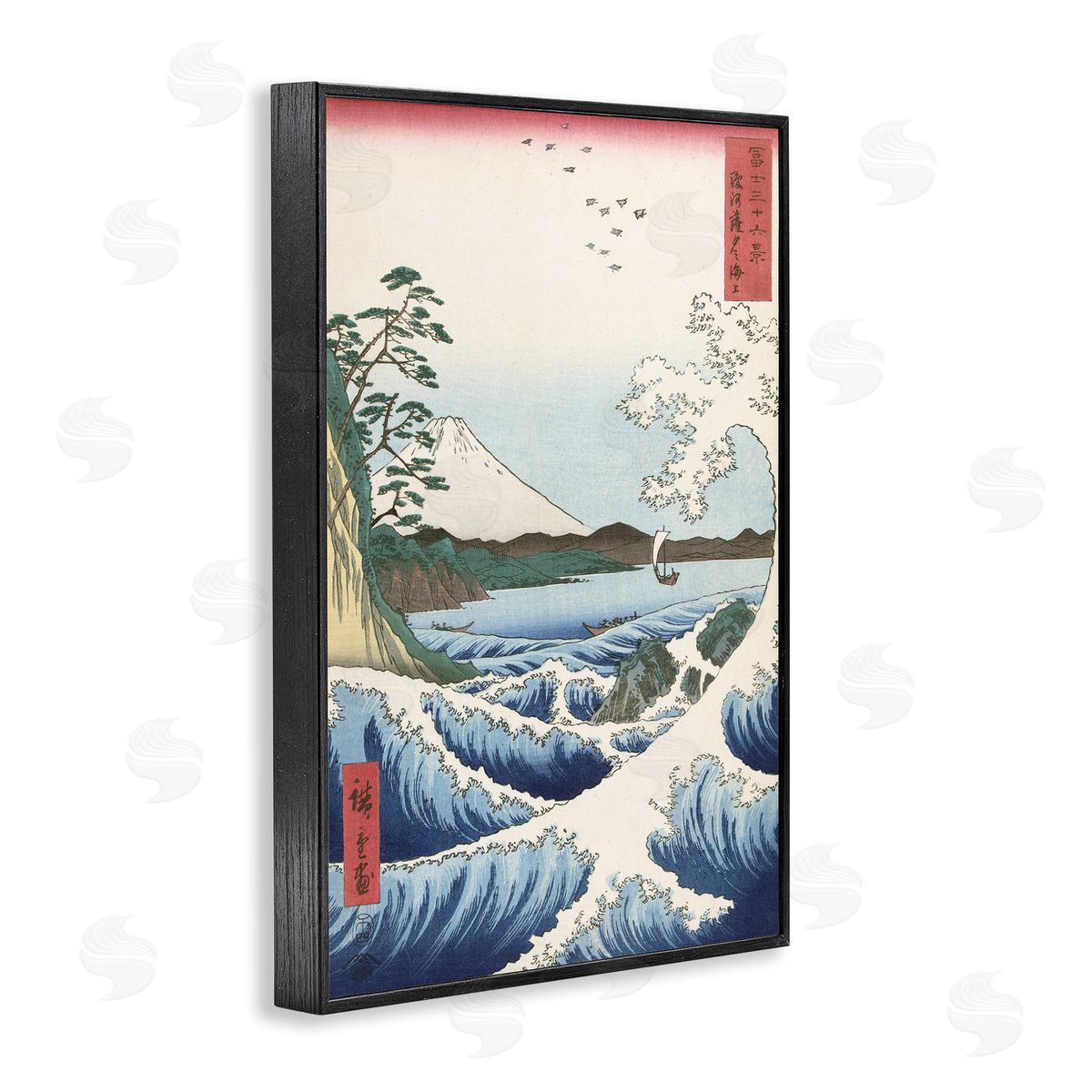 one1000paintings Classical Japanese Wave Black Framed Giclee Wall Art Print