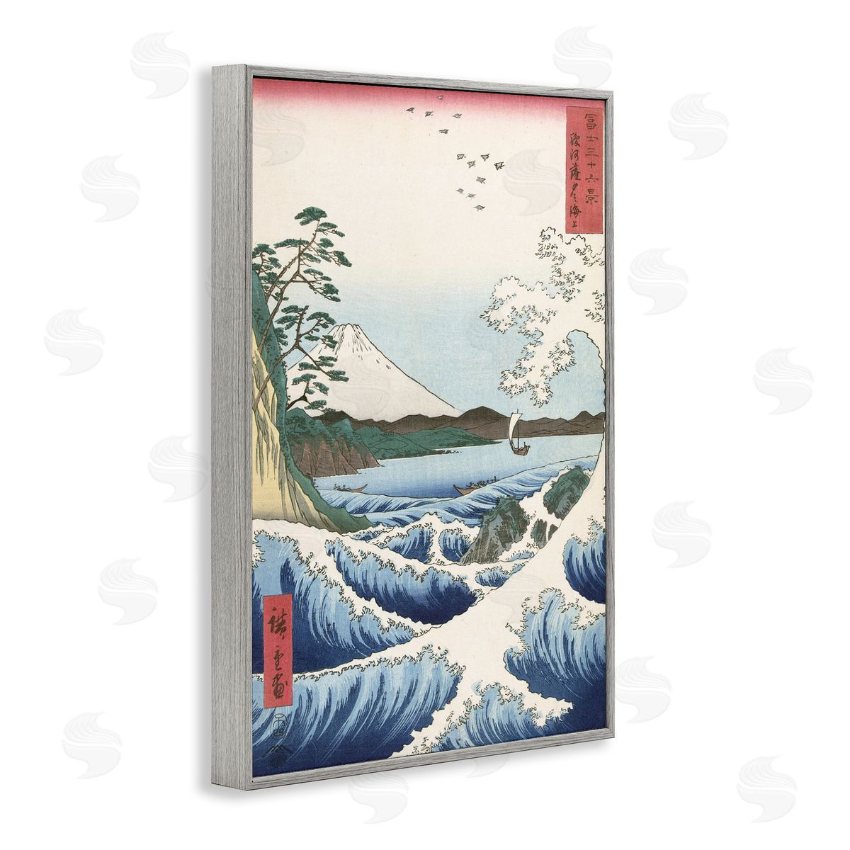 one1000paintings Classical Japanese Wave Gray Framed Giclee Wall Art Print