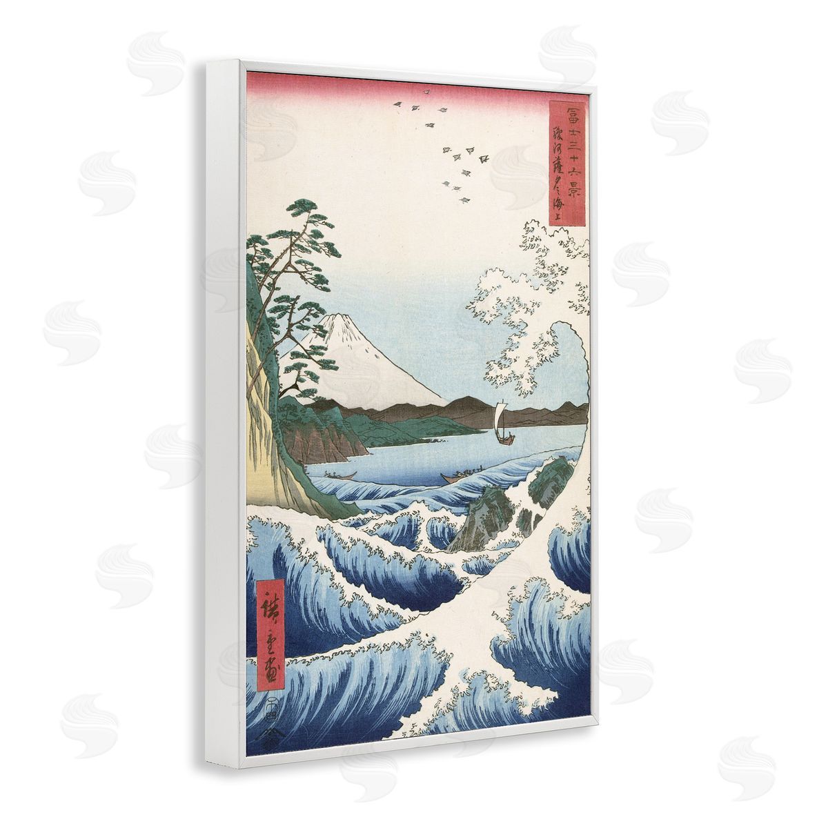 one1000paintings Classical Japanese Wave White Framed Giclee Wall Art Print