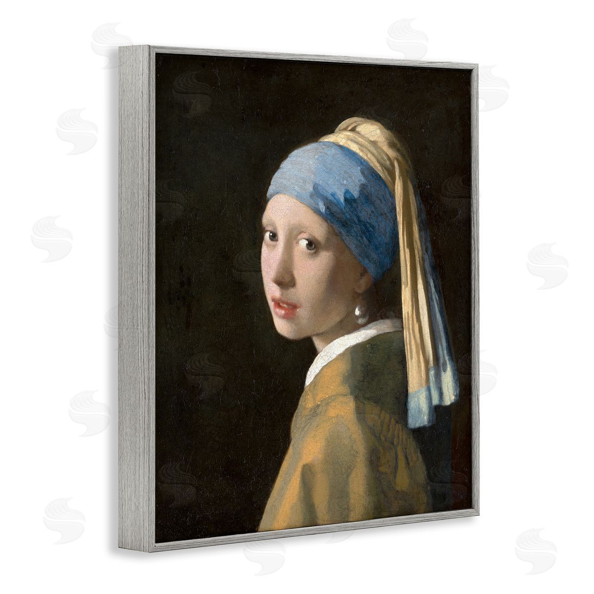 one1000paintings Classical Vermeer Pearl Earring Gray Framed Giclee Wall Art Print